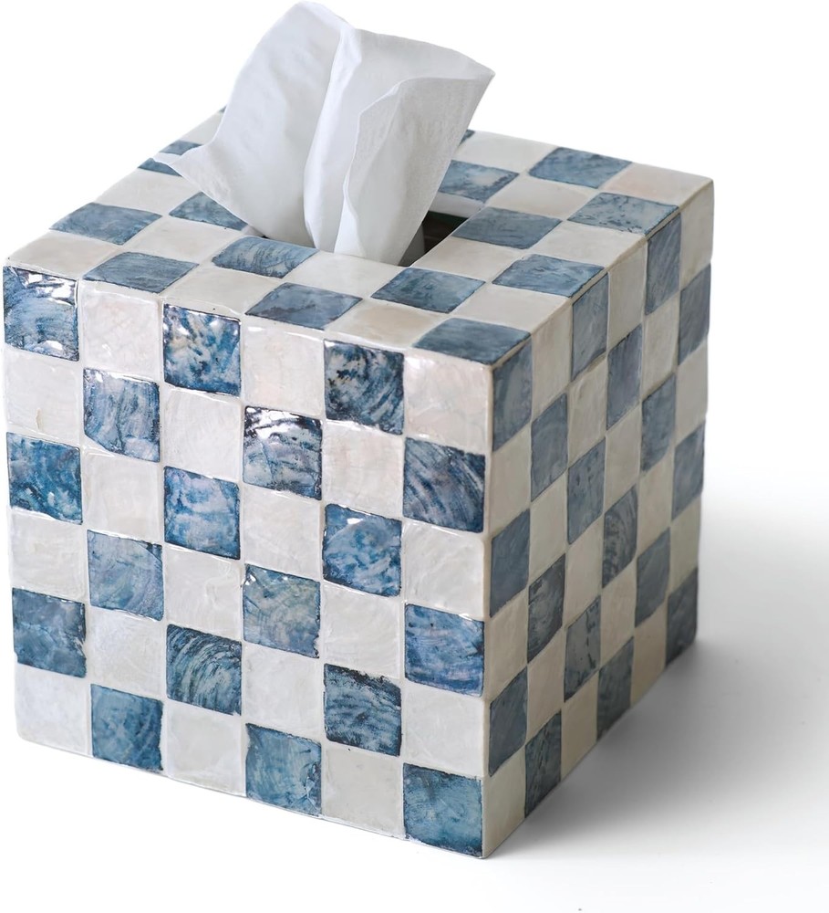 5.7" Square Tissue Box Cover, Handmade Checkered Cube Tissue Box Cover with C...