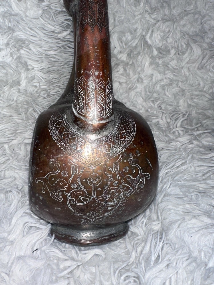 Persian Ewer Pitcher Antique Tinned Copper/Brass Engraved