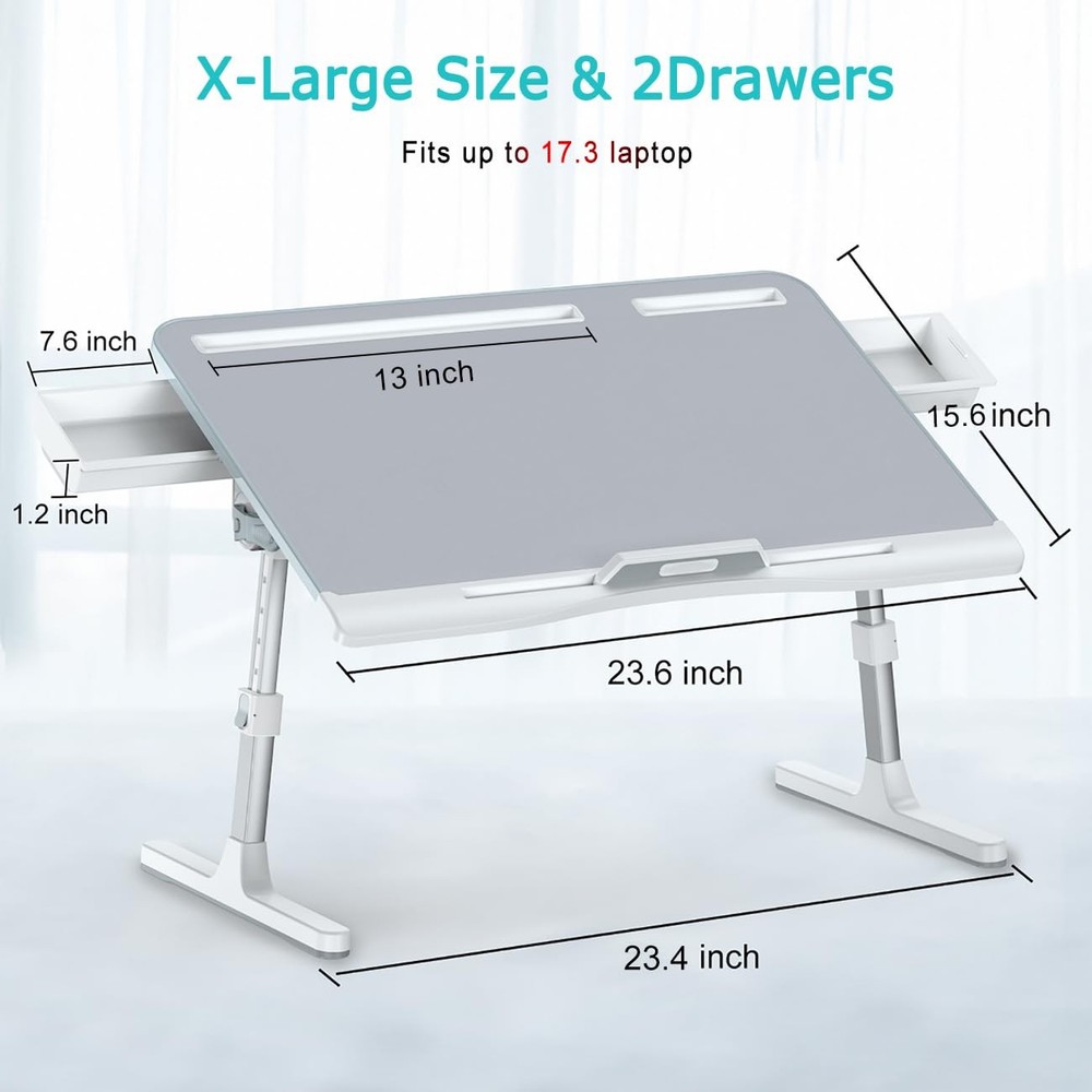 Foldable Adjustable Lap Desk for Bed with 2 Drawers - X-Large Grey