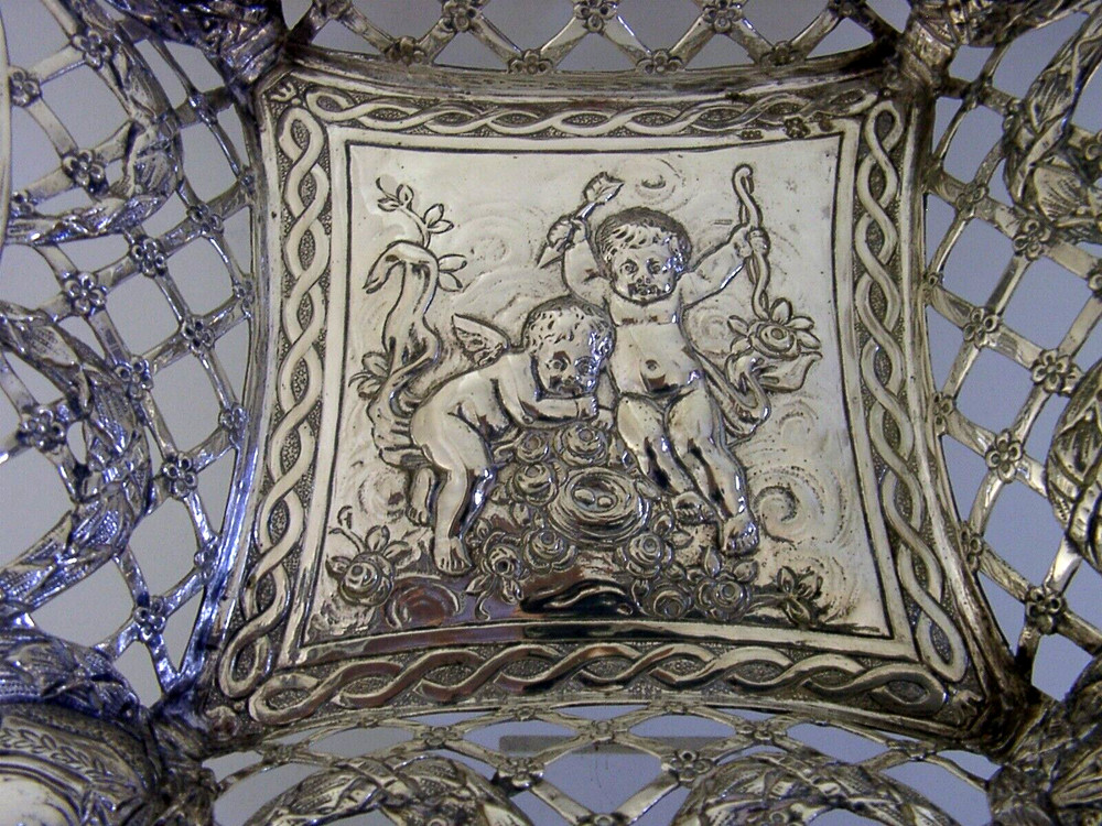 SUPERB HEAVY 360g 800 SOLID SILVER CHERUB DISH BOWL BASKET c1900 HANAU KINGS