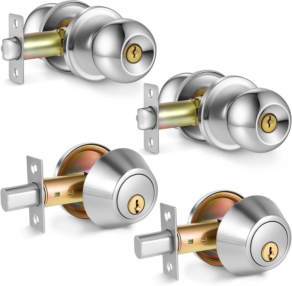2 Sets Entry Door Knob Dead Bolt Level Locks Combo Set Silver