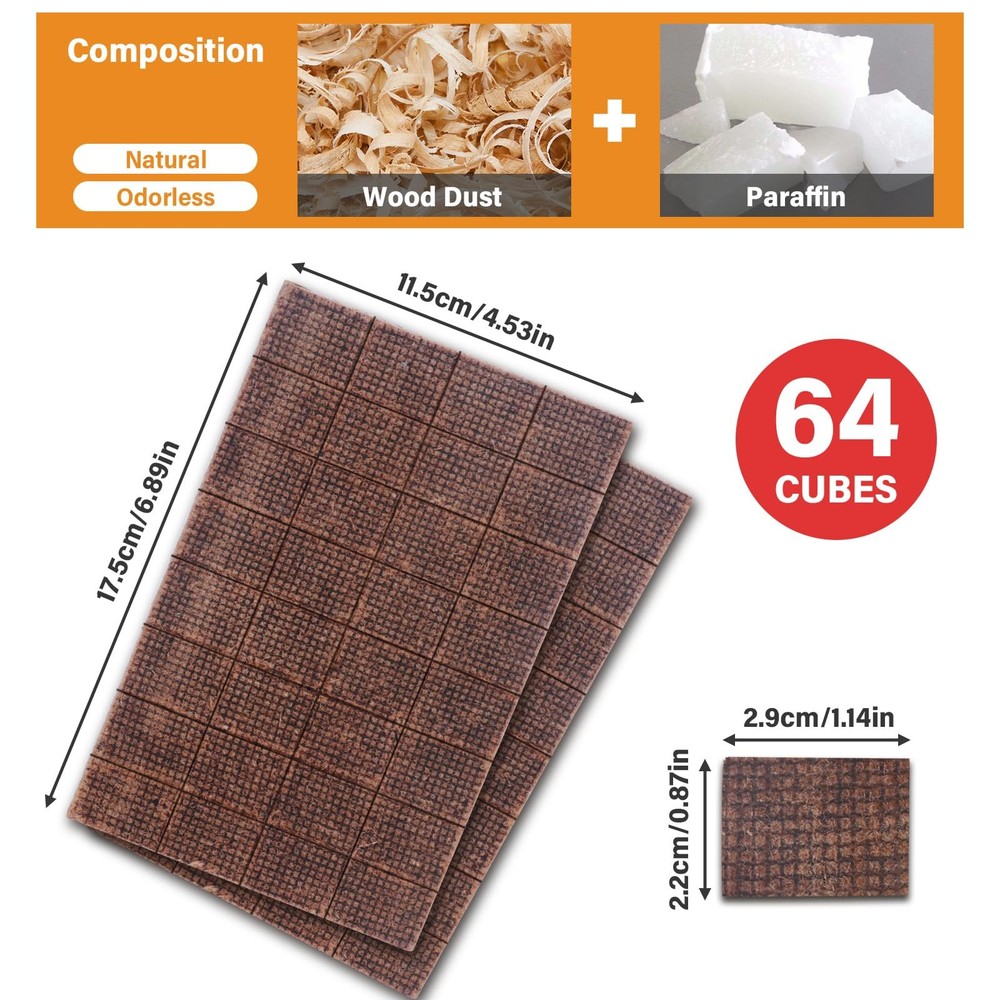 Fire Starter, 64 Mini Square, Natural Fire Starters for BBQ, Campfire, Firepl...