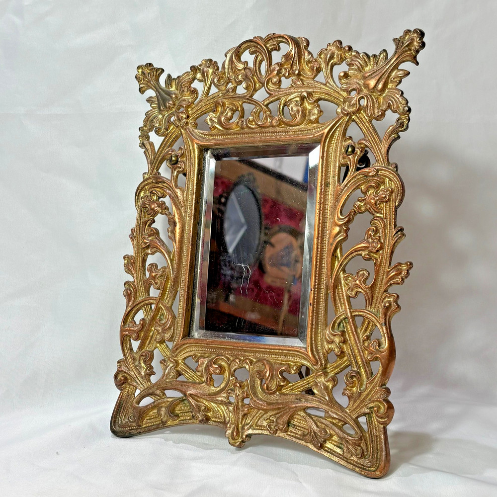 Antique Brass Frame Rococo Style Mirror Table Top Bevel Edge Easel Back