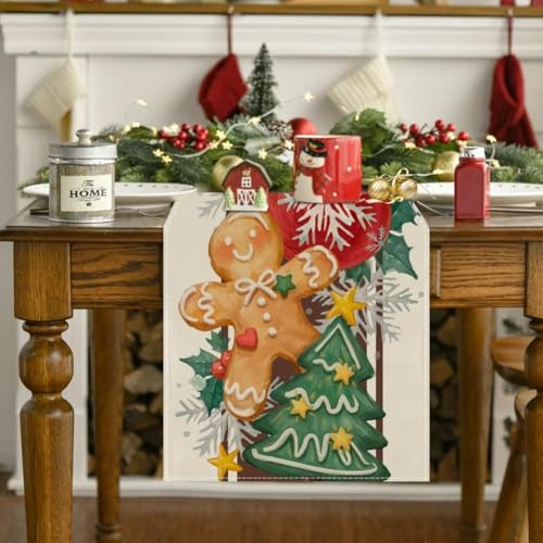 Merry Christmas Table Runner, Gingerbread 13" x 72", Table Runner Multi Color