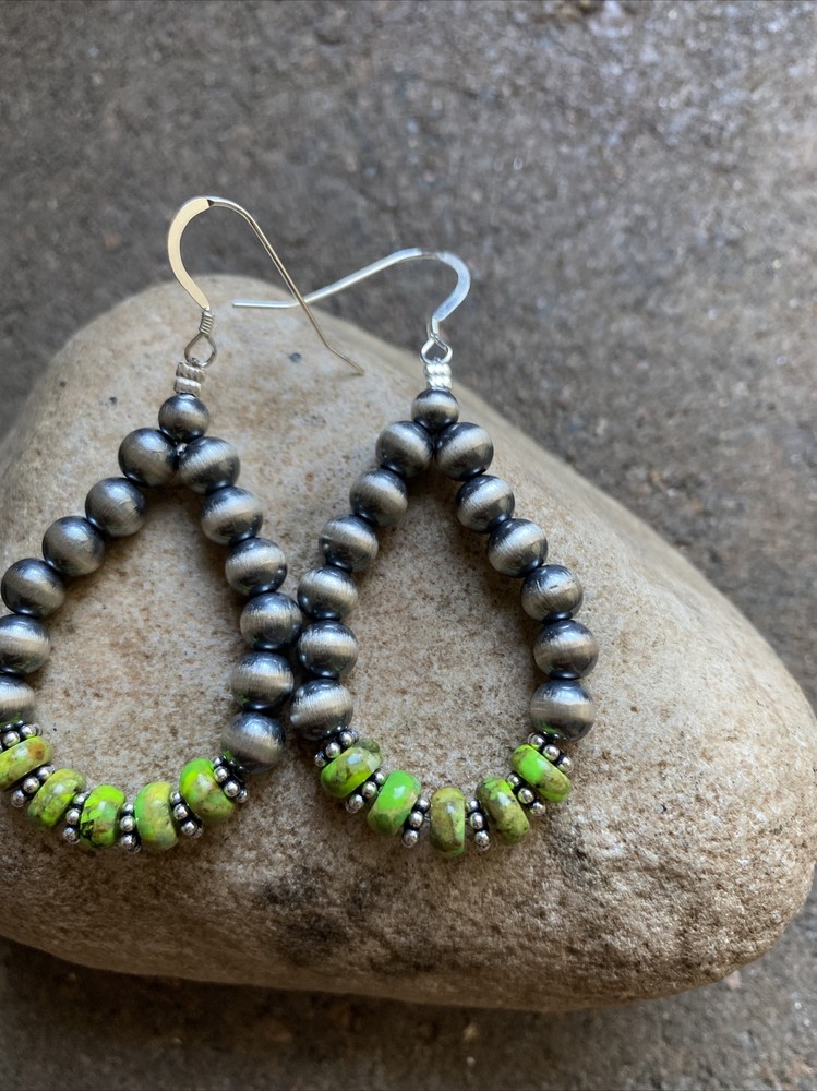 Sterling Silver Green Turquoise W Pearls Bead Loop Earrings.