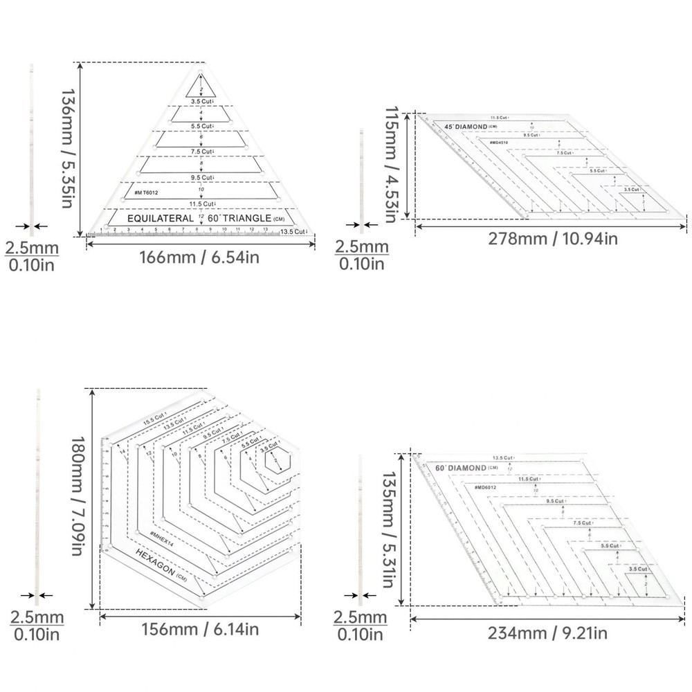 4Pcs Quilting Ruler, Transparent Patchwork Sewing Cutting Craft Ruler DIY Tools