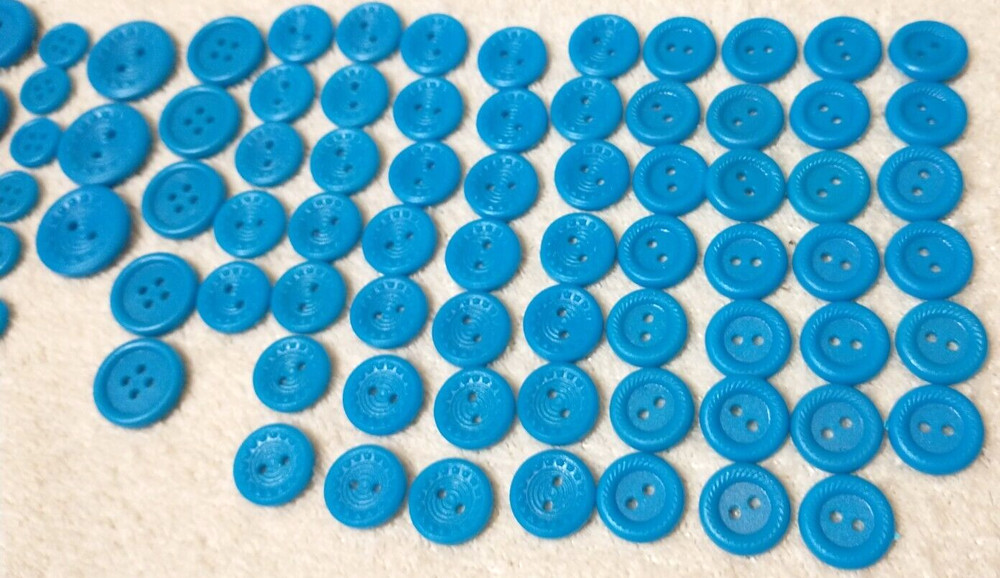 Buttons 70+ Blue Medium - Small sized Blue Plastic Craft Round Two Holed BA8
