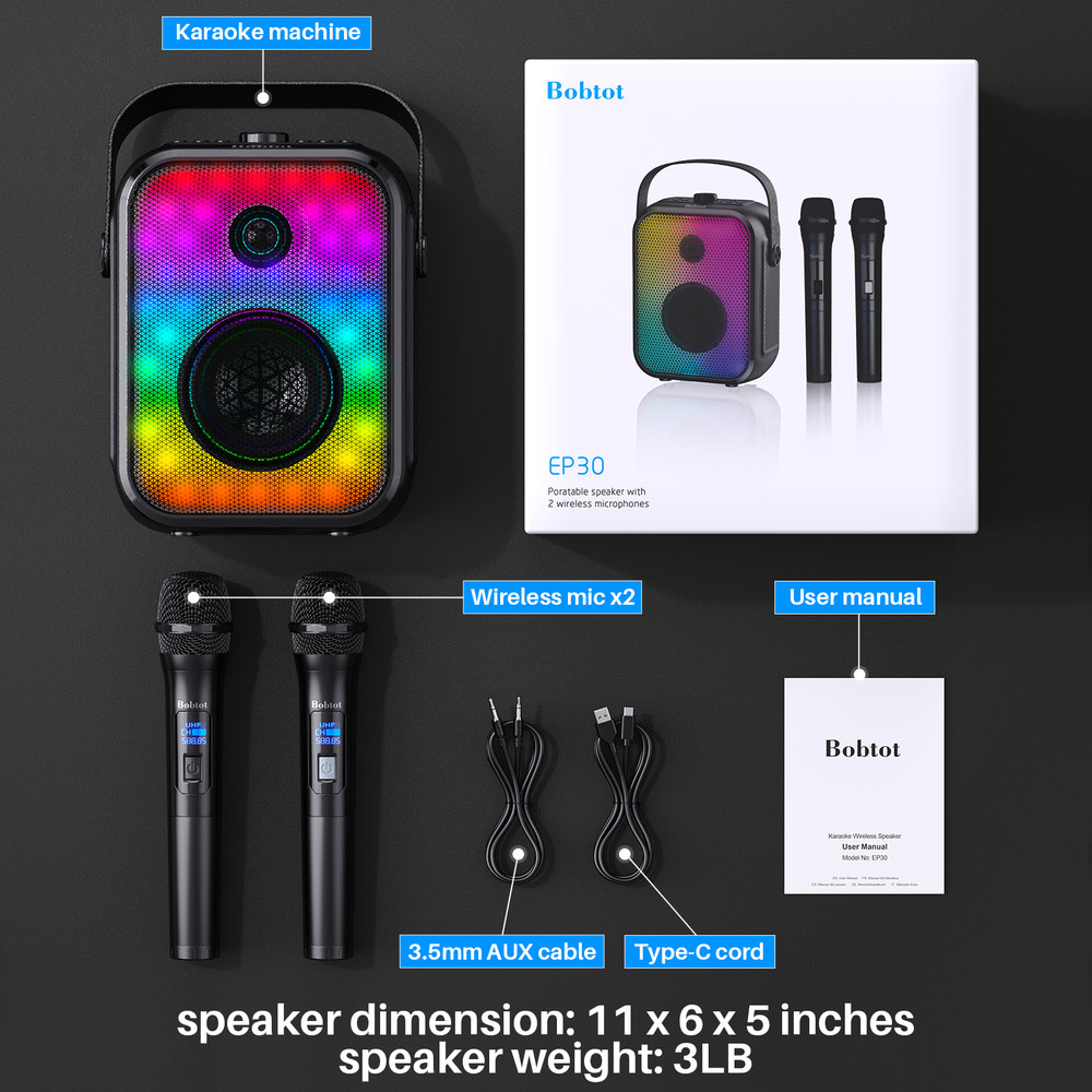 Portable Bluetooth Speaker with 2 Wireless Karaoke Microphones