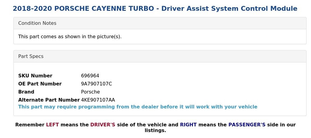 2018-2020 PORSCHE CAYENNE TURBO - Driver Assist System Control Module