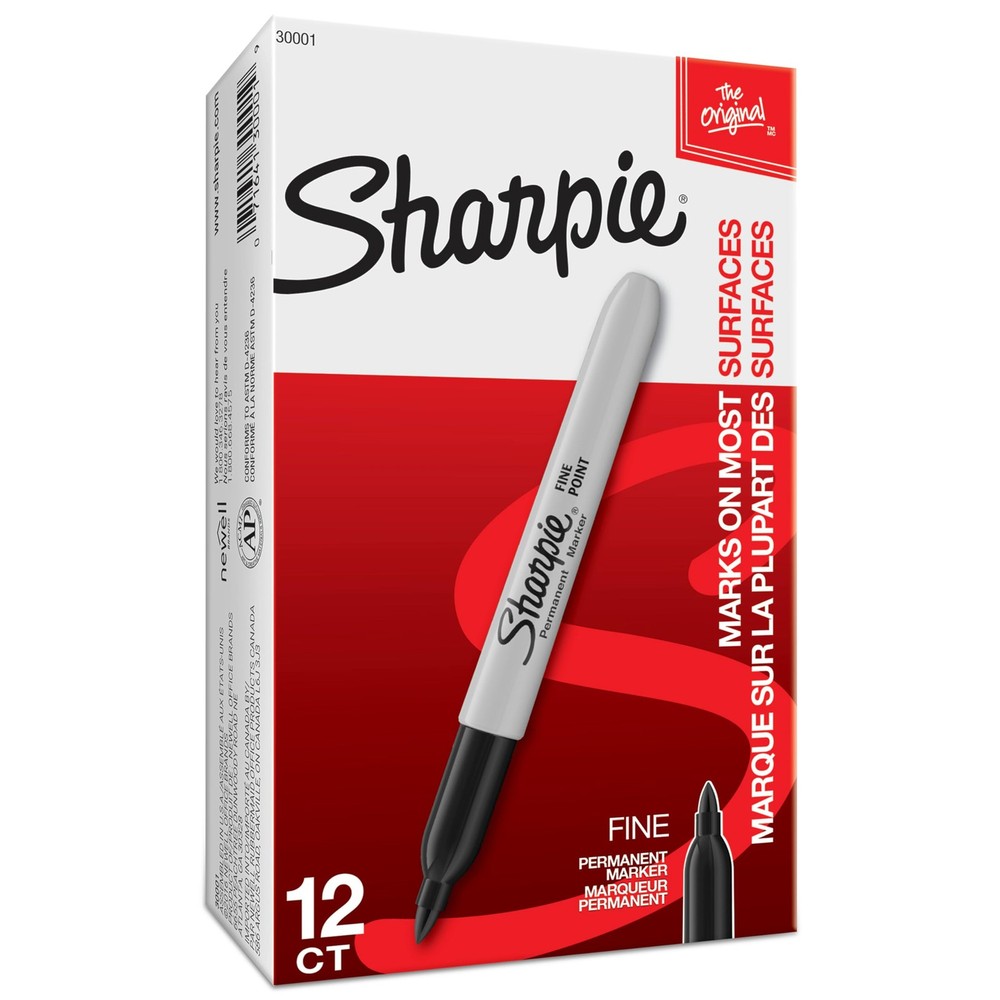 Sharpie Permanent Markers, Fine Tip, Black, 12 Count - For 12 Count, Black