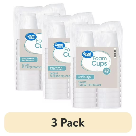16 Oz Foam Cups White 20 Count Disposable