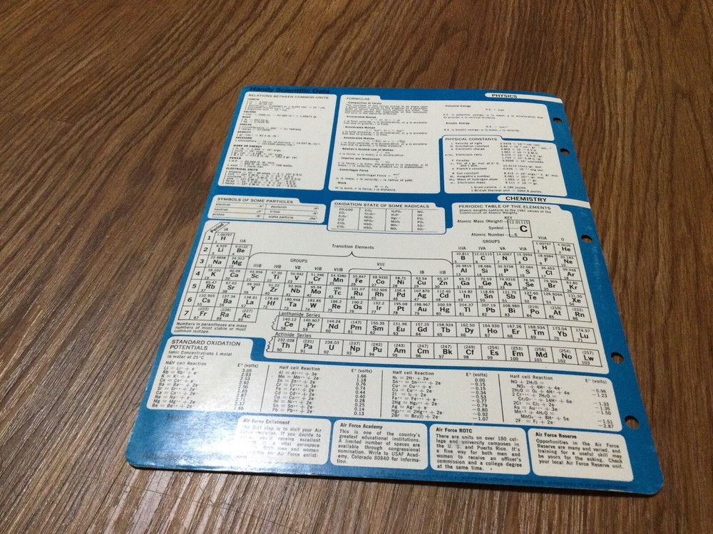 VINTAGE CHART Handy Scientific Data Air Force Recruiting Sheet Physics Chemistry