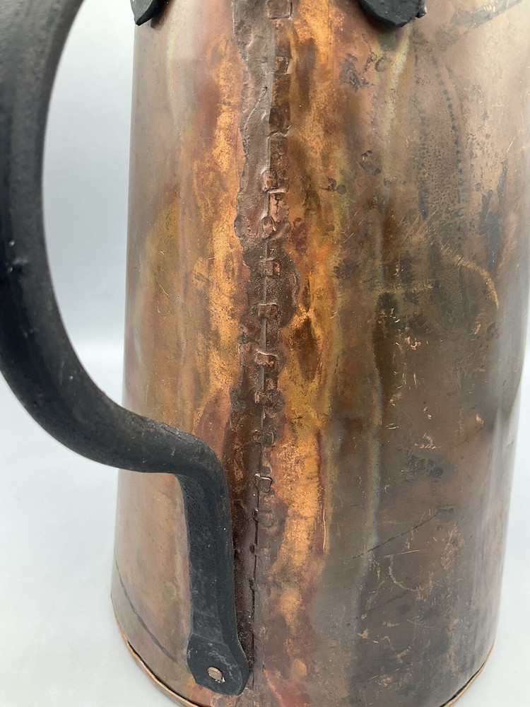 READ Vtg Primitive Hammered Copper Wrought Iron Handle Pitcher 10" LEAK READ
