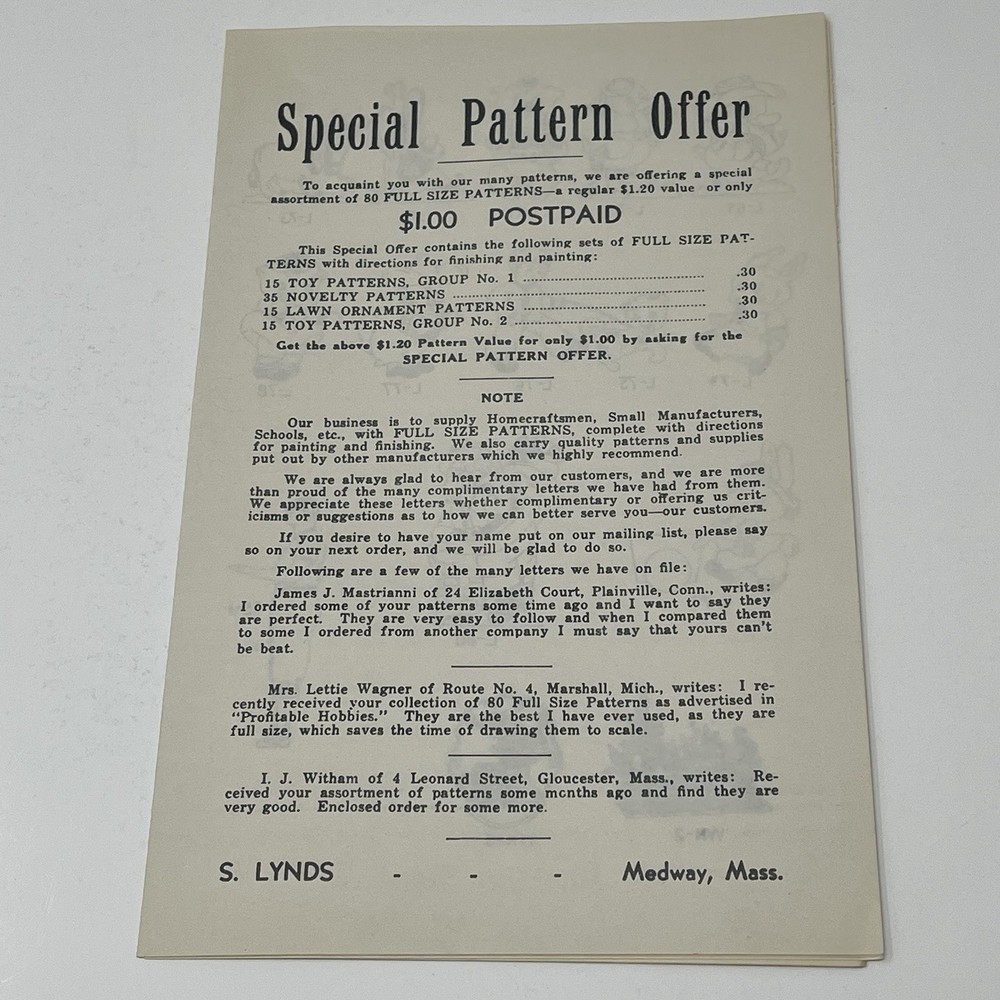 1950's S Lynds Pattern Service Plan Woodworking Catalog