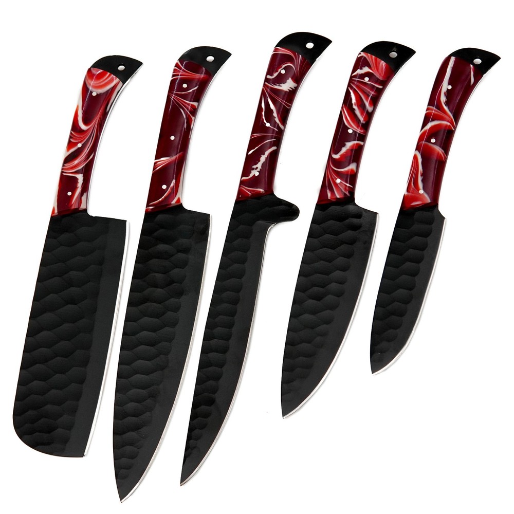 CUSTOM HANDMADE D2 HAMMERED PATTERN 5 PIECES CHEF SET WITH LEATHER CARRYING BAG