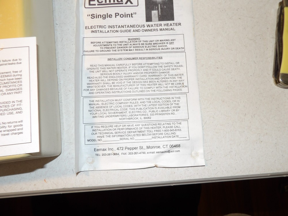 Eemax Electri Instantaneous Water Heater Single Point SP 3012 120vac 150 PSI max