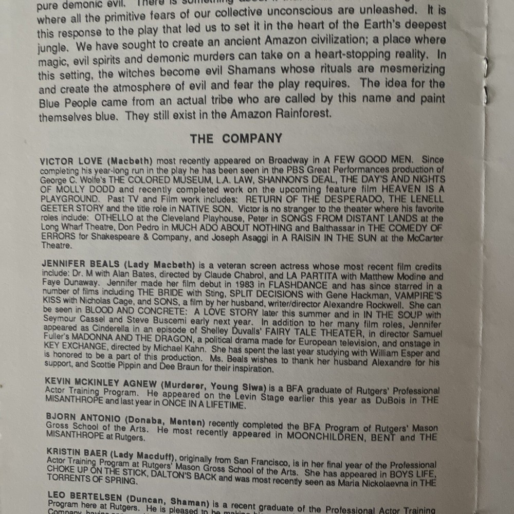 Jennifer (Flashdance) Beals Macbeth Playbill 1991 Rutgers University