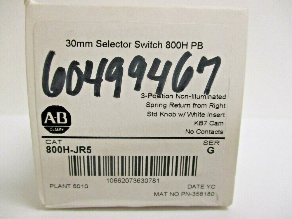 ALLEN BRADLEY 30MM SELECTOR SWITCH, 800H-JR5