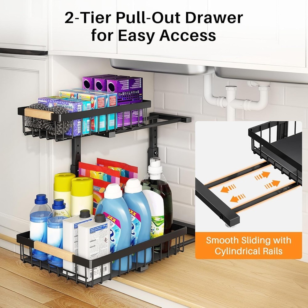 Under Sink Organizer Adjustable Height 2 Tier Pull Out Under Cabinet Organizer