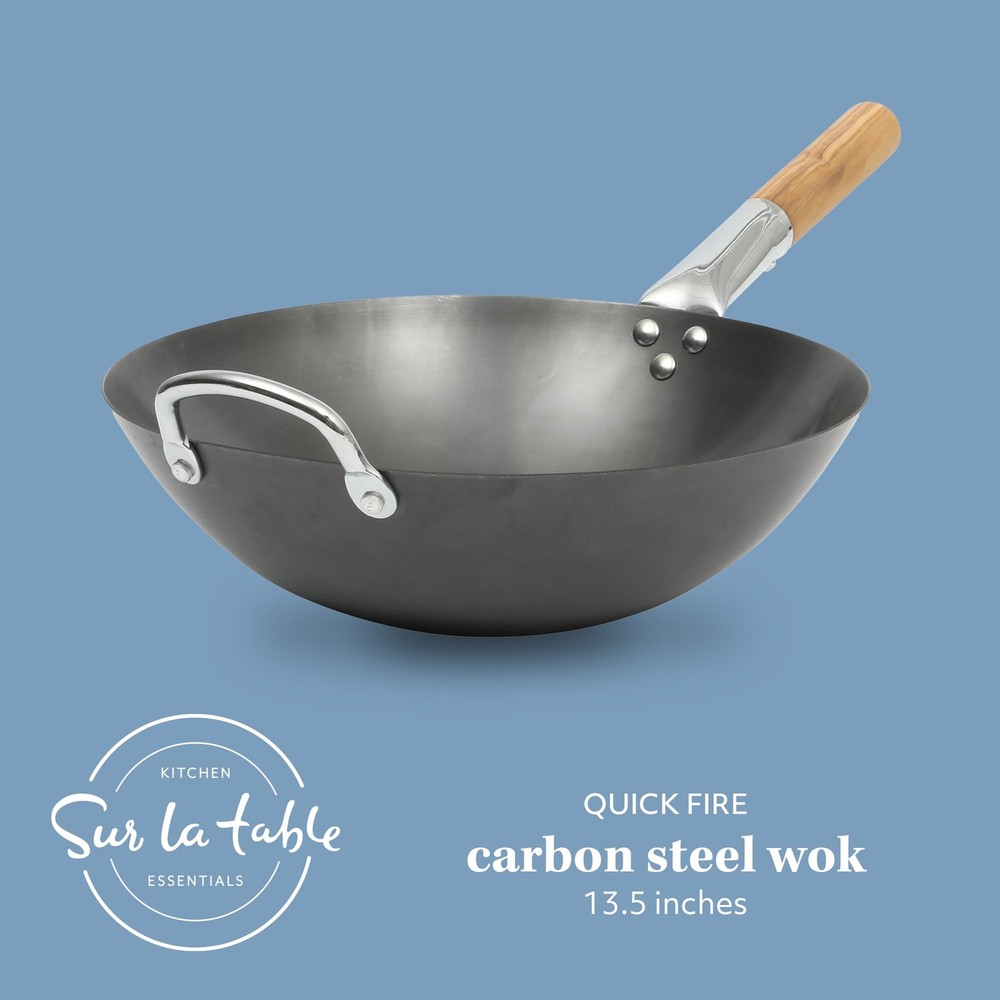 Kitchen Essentials Quick Fire 13.5" Carbon Steel Flat Bottom Wok – Durable No...