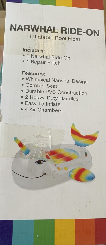 ✅ Narwhal Ride-On Rainbow Inflatable Pool Float 6ft., NEW ‼️
