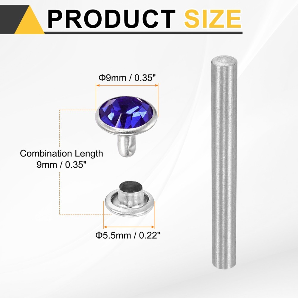 100pcs Crystal Rivets 9mm Rhinestone Stud with Installation Tool, Silver Blue