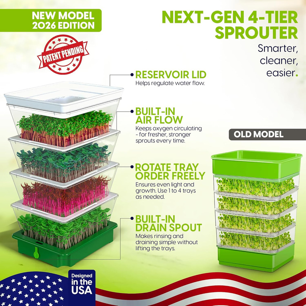 Seed Sprouter 4 Tier Stackable Soil Free Sprouting System with Drain Spout
