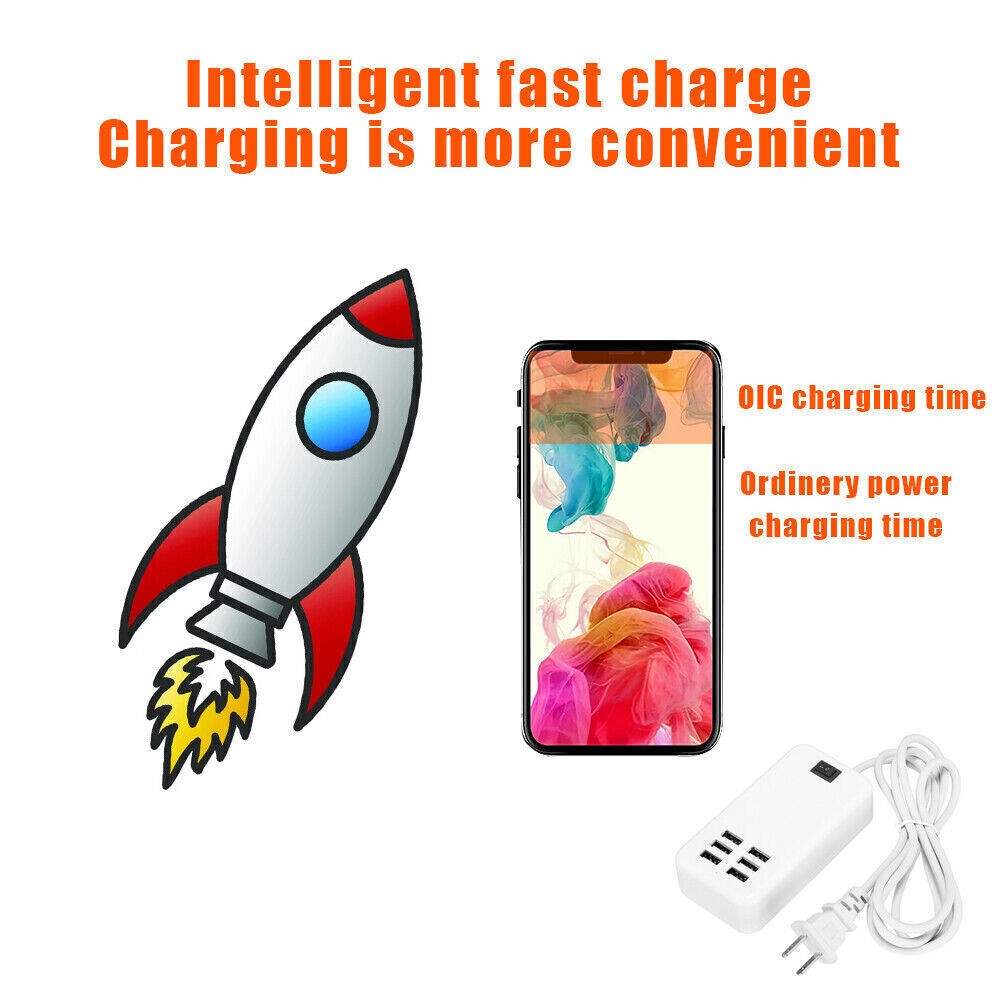 6 Port USB Hub Fast Wall Charger Station Multi-Function Desktop AC Power Adapter