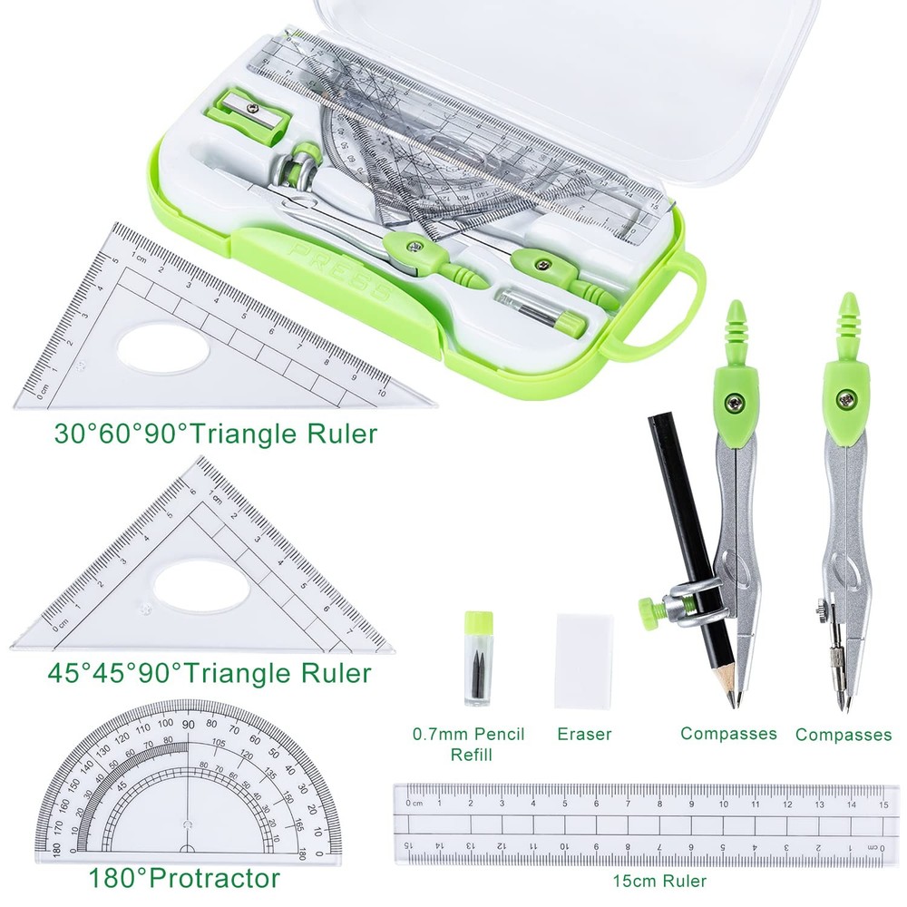 10PCS Geometry Math Kit Set Ruler Compass Protractor Pencil School Supply Box