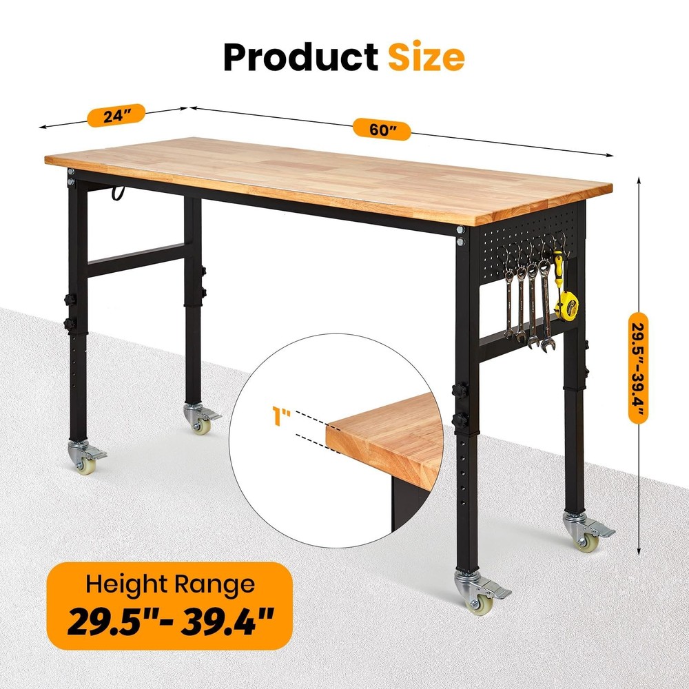 60" Adjustable Workbench 2000Lbs Work Bench Table with Casters & Power Outlets