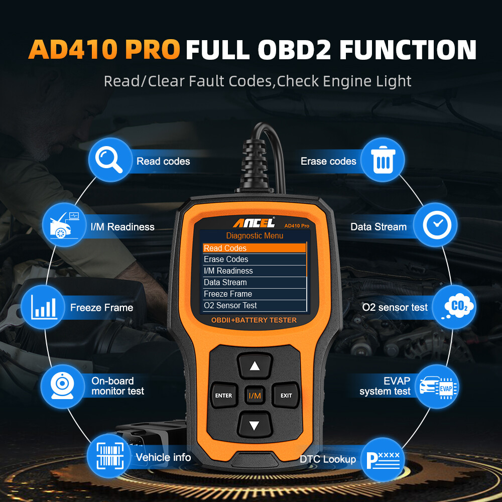 ANCEL AD410 Pro 2 In 1 OBD2 Scanner Battery Tester Diagnostic Tool Check Engine