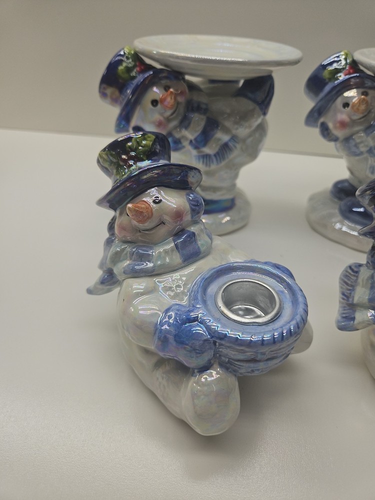 4 Blue Snowman Candle Holders