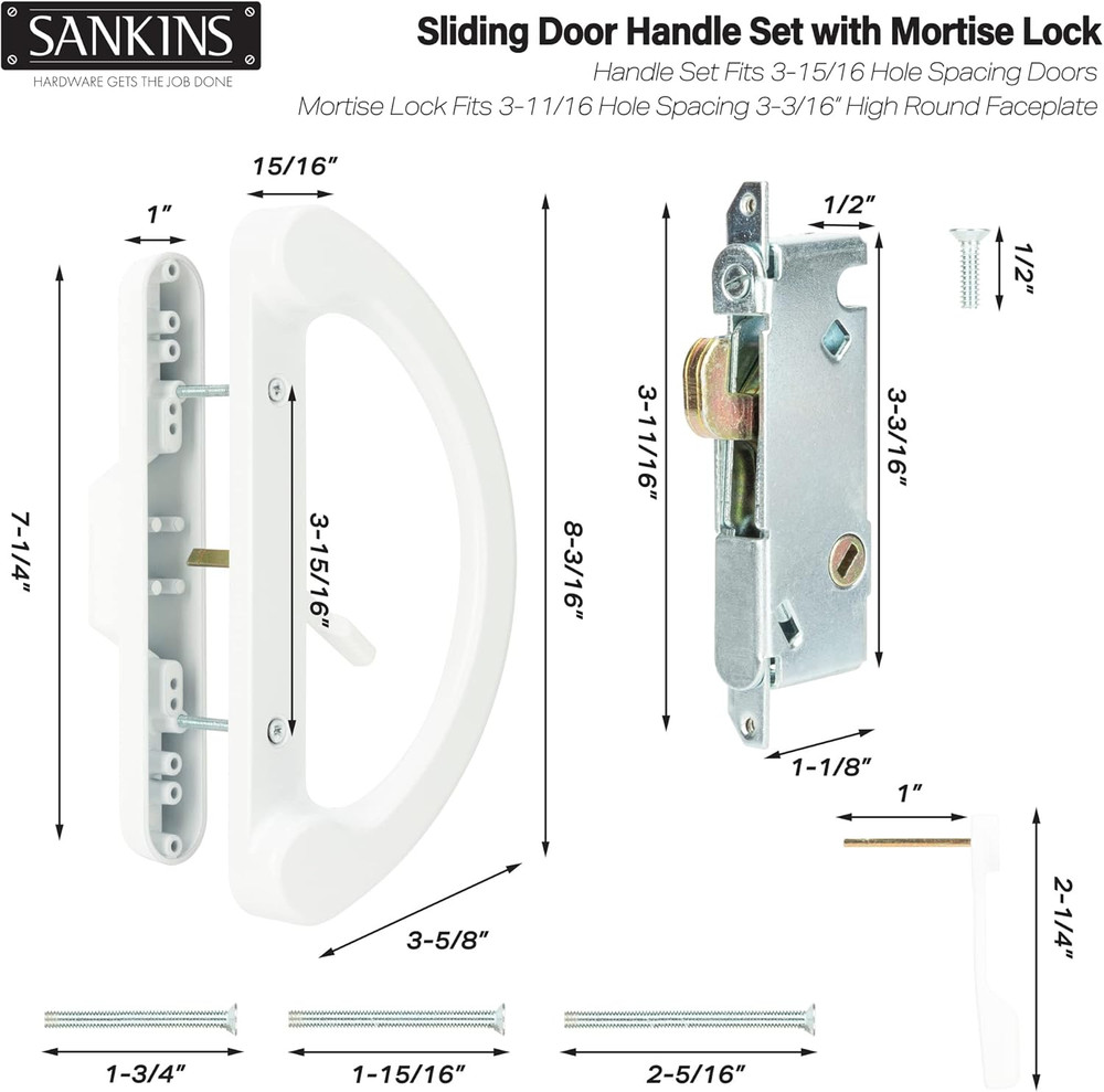 Sliding Patio Door Handle Pull Set with Mortise Lock, Full Replacement White Die