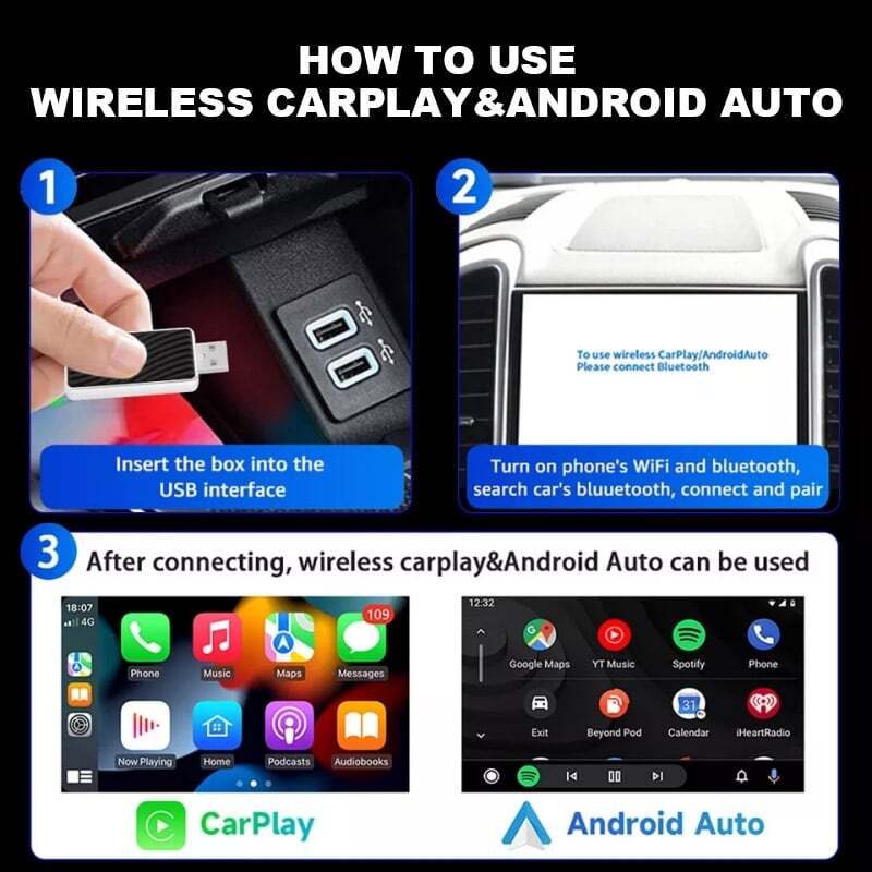 USB Wireless CarPlay Adapter for Apple iPhone &Android Auto Dongle Plug＆Play