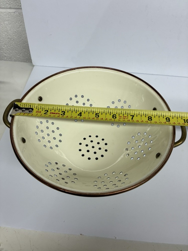 Vintage Collander Cornucopia Enamel And Brass Strainer Fruit Design