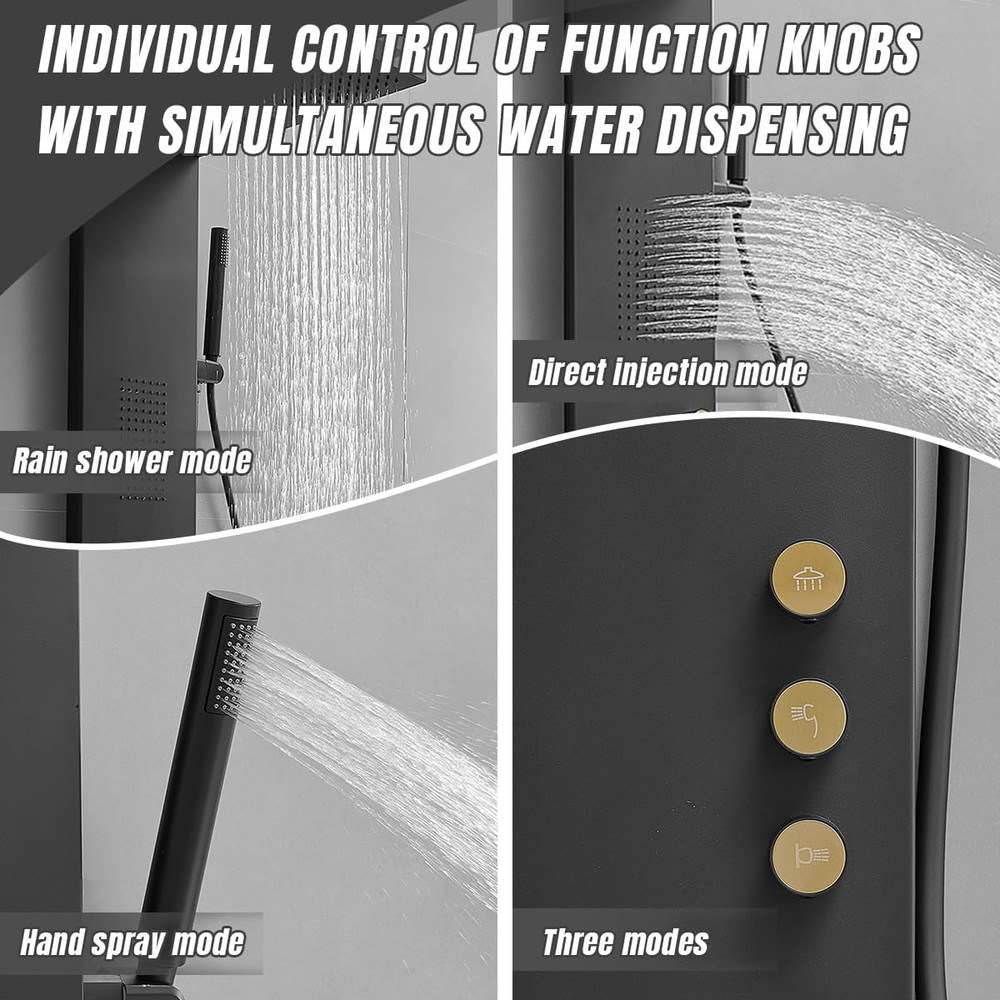 Black Stainless Steel Shower Panel with Rainfall, Jets & Handheld 3-Functions