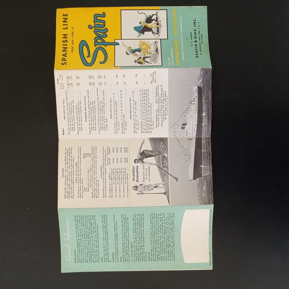 MS COVADONGA MS GUADALUPE Spanish Line Cruise Brochure Deck Plan 1959