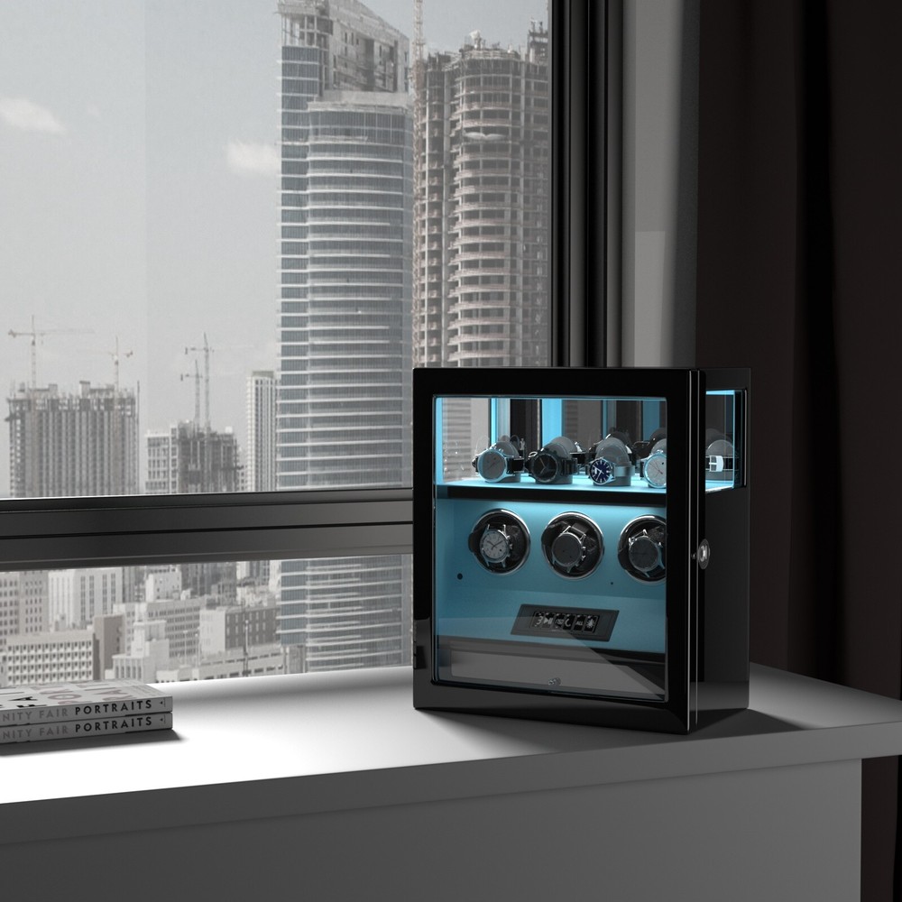 Fingerprint Automatic 3 Watch Winder with 4 Watches Storage LCD Remote Control