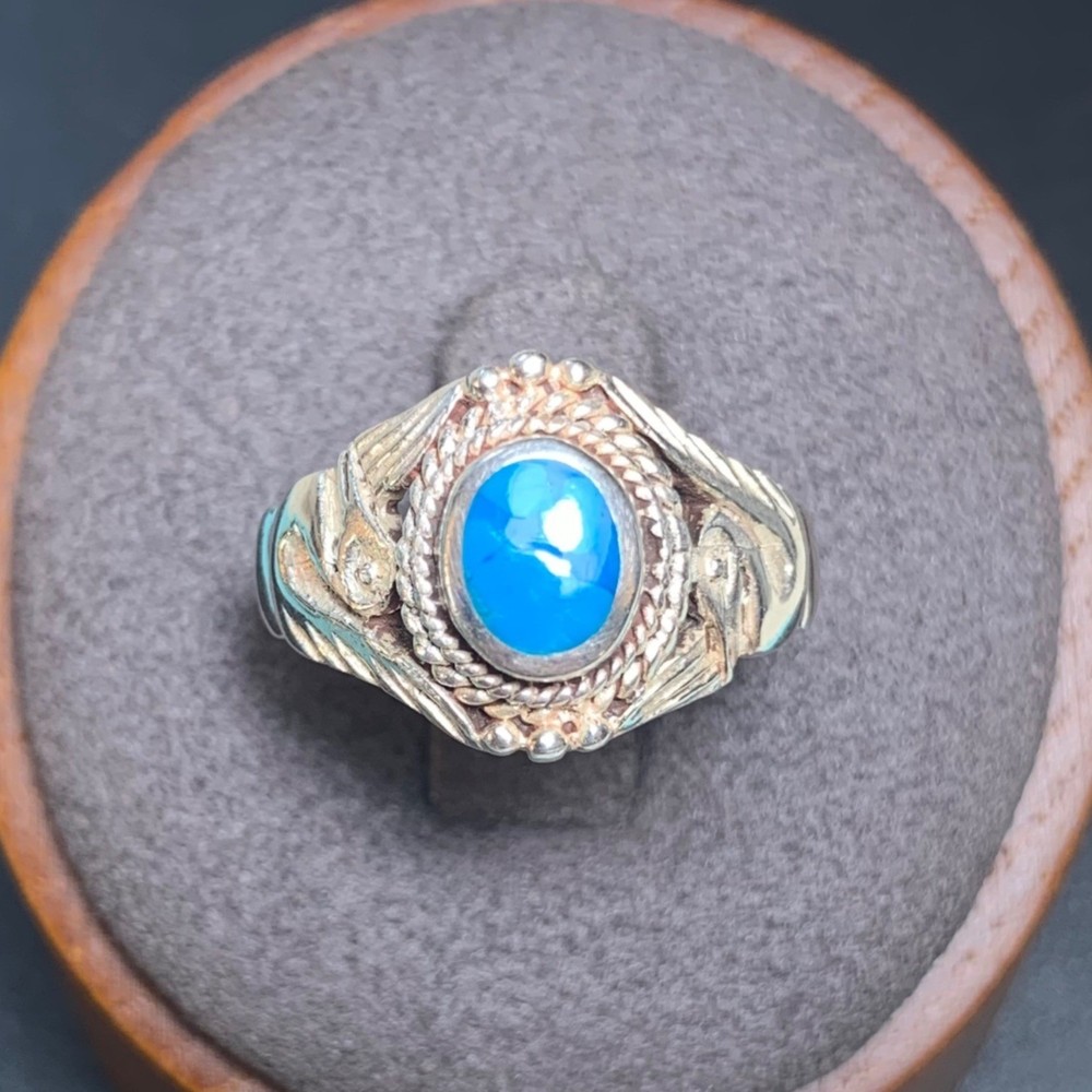 Bezel Set Turquoise Eagle Design Statement Ring Vintage Sterling Silver 925 Sz 6