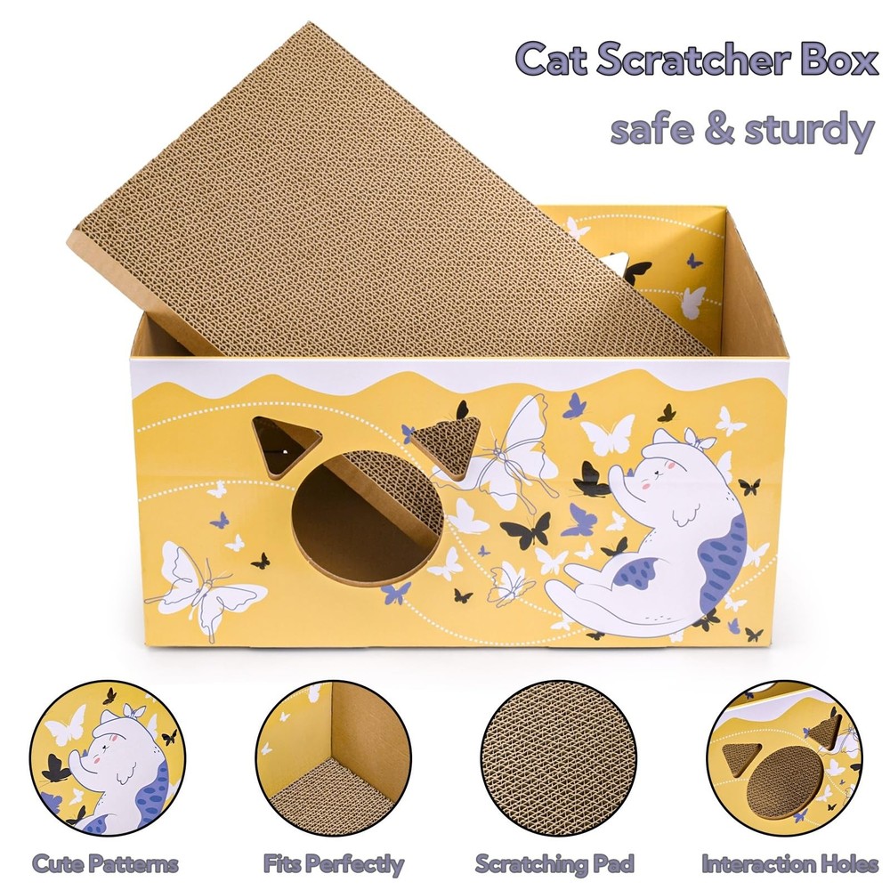 2 Pack Cardboard Cat Scratcher Box, Butterfly Pattern Cat Hideaway House with...