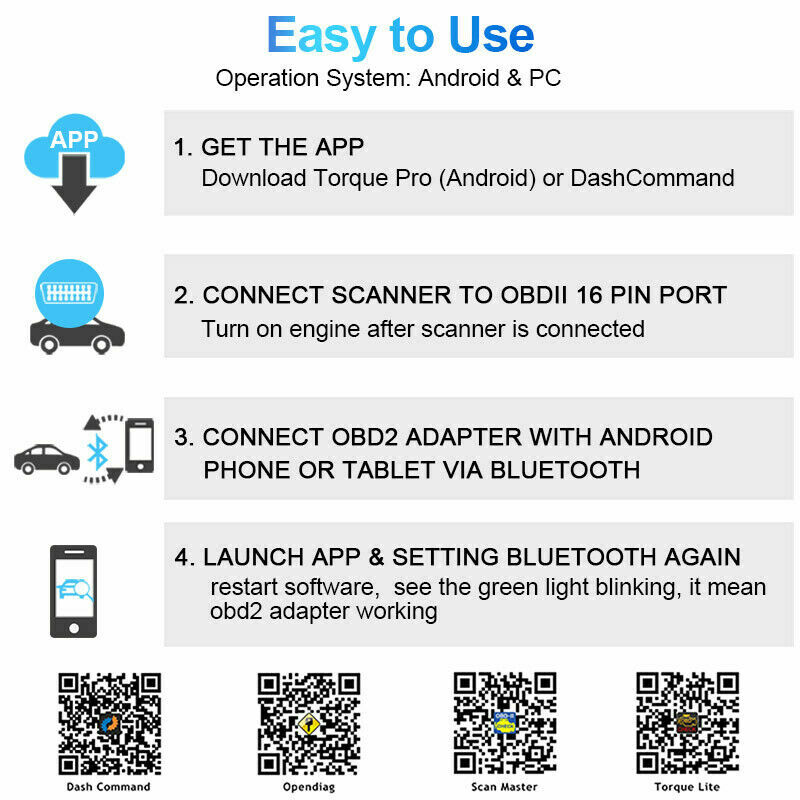 ELM327 Car OBD2 Scanner Bluetooth Code Reader Engine Diagnostic Tool For Android