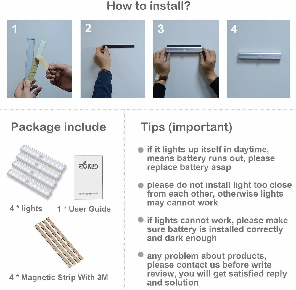 Wireless Under Cabinet Lighting LED Motion Sensor Battery Operated Closet 4pack