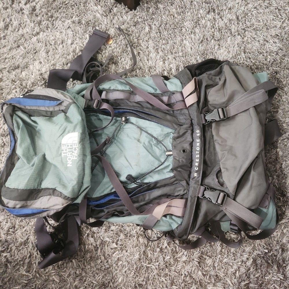 North Face Hiking Backpack Crestone 60 Gray Green Internal Frame Multi Strap W-M
