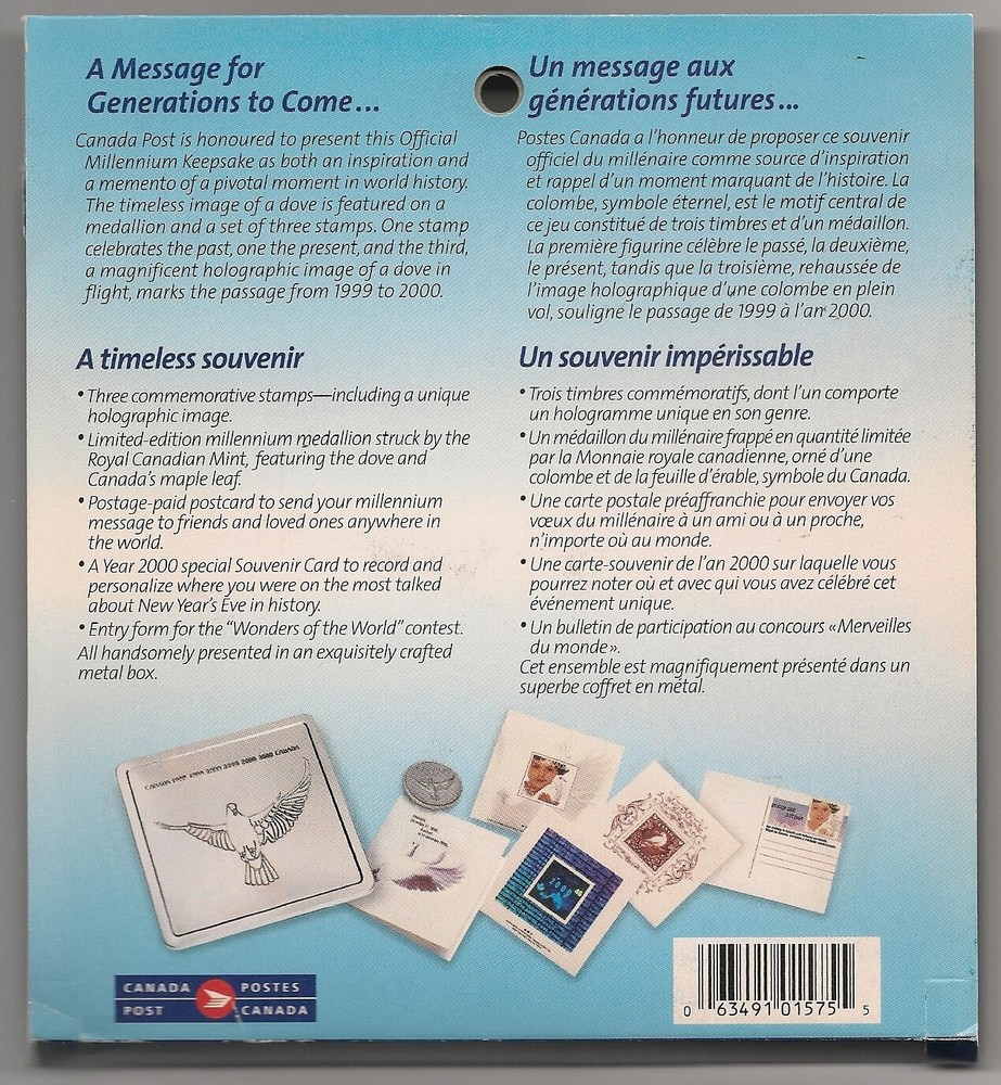 Canada 2000 Millennium Keepsake Complete -Tin, Medallion, Stamps, Postcard- Mint