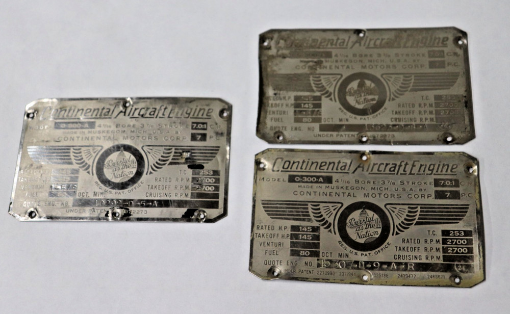 O-300-A Continental Motors Engine Data Plate - 3 Available