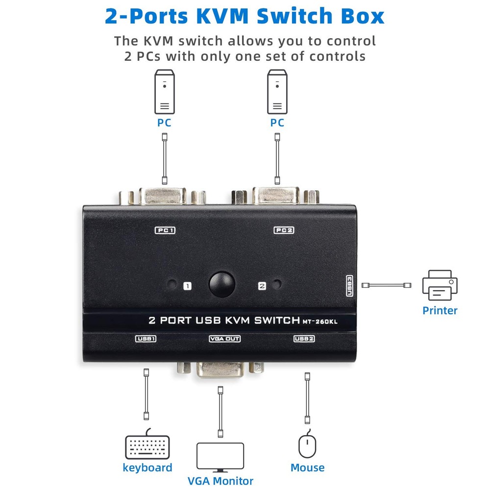 VGA USB KVM Switch, 2 Port Switcher Selector 2 KVM, Black