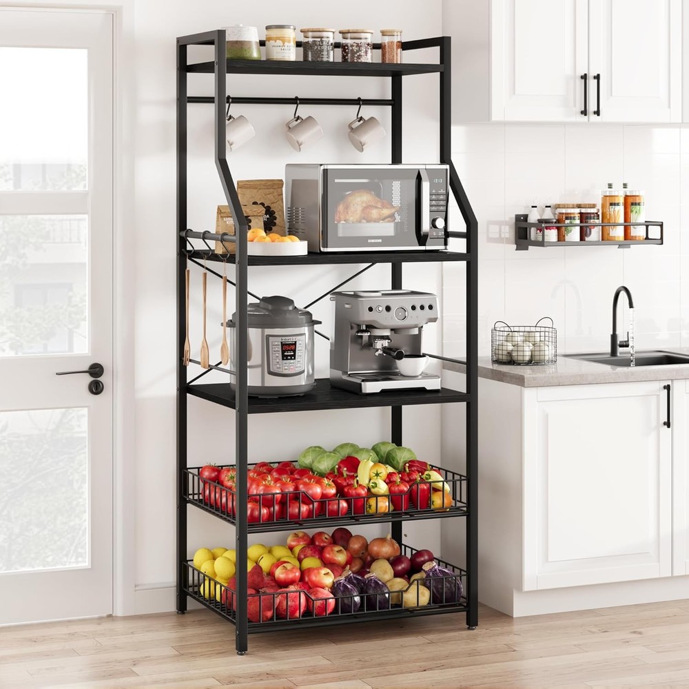 Rustic Microwave Stand 5-Tier Kitchen Storage Rack with Adjustable Feet Gray