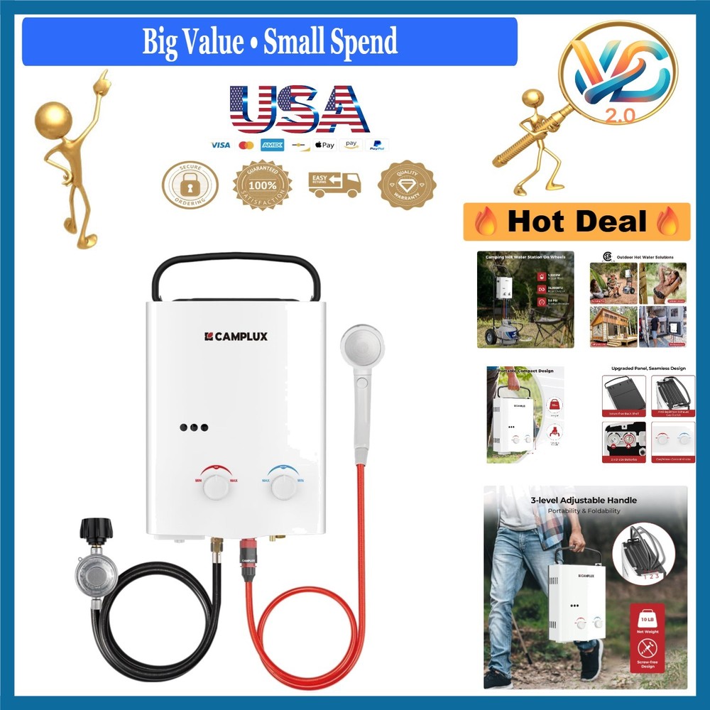 AY132 5L Portable Tankless Water Heater Outdoor Propane Shower Camping RV White