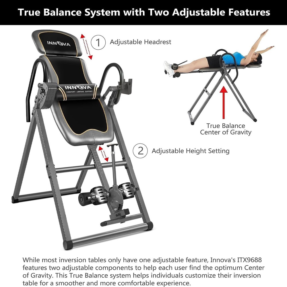 Innova Inversion Table with Adjustable Headrest, Reversible Ankle Holders, an...
