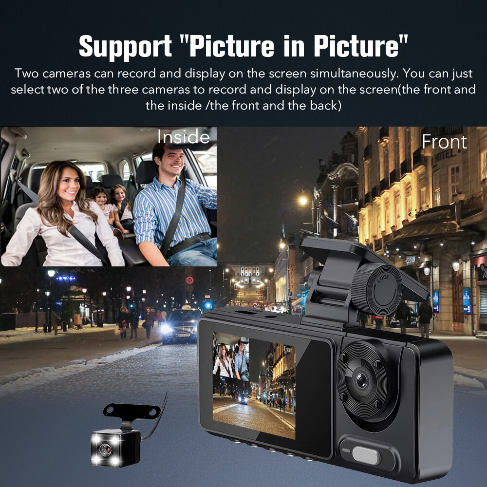 1080P Three Len Car DVR Dash Cam Video Recorder G-Sensor Front And Inside Camera